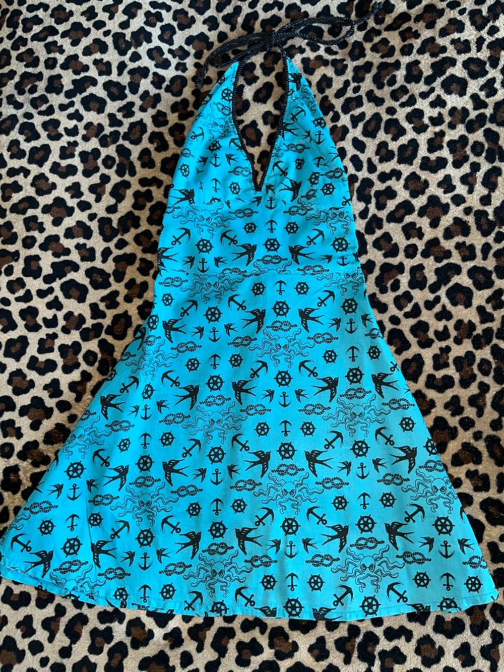 Too Fast Turquoise Halter One-Piece with Black Nautical Print small